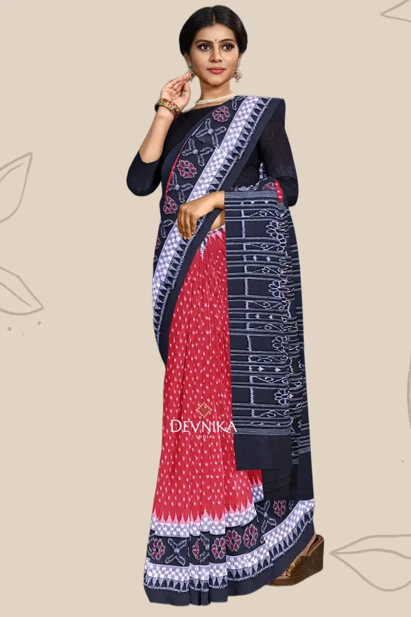 Red_Cotton_Handloom_Double_Border_Bandha_Saree_For_Women