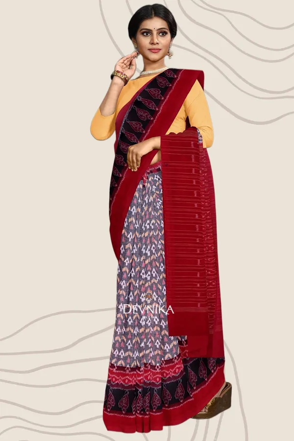 White_Bronze_Cotton_Handloom_Double_Border_Bandha_Saree_For_Women