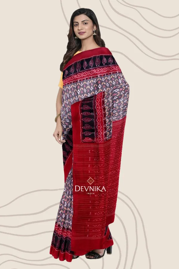 White_Bronze_Cotton_Handloom_Double_Border_Bandha_Saree_For_Women