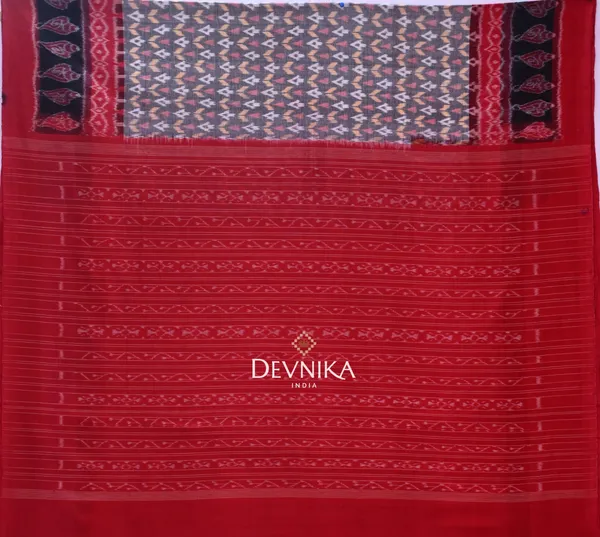 White_Bronze_Cotton_Handloom_Double_Border_Bandha_Saree_For_Women