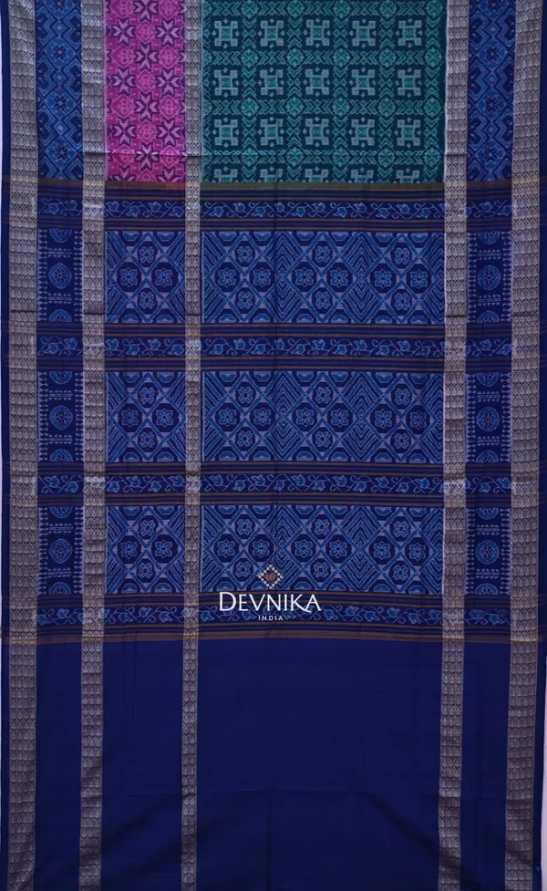 Blue_Green_Cotton_Handloom_Double_Border_Bandha_Saree_For_Women