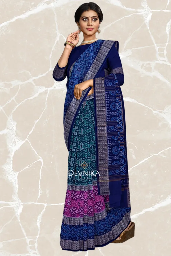 Blue_Green_Cotton_Handloom_Double_Border_Bandha_Saree_For_Women