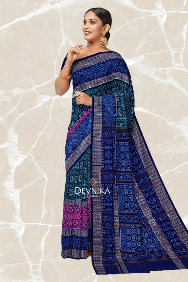 Blue_Green_Cotton_Handloom_Double_Border_Bandha_Saree_For_Women