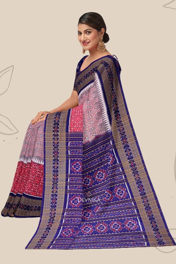 Pink_Cotton_Double_Border_Bandha_Handloom_Saree_For_Women