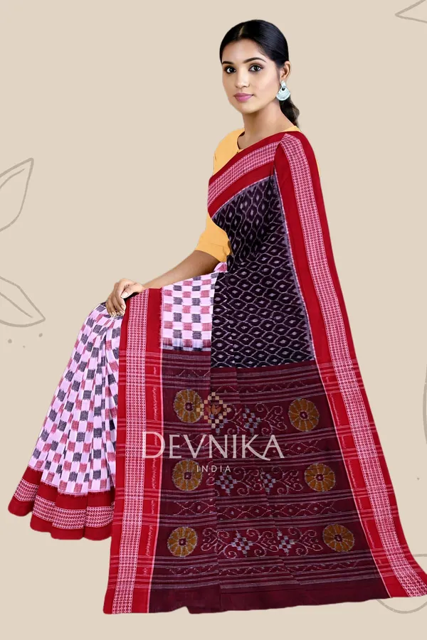 Dark_Coffee_Cotton_Half_Half_Bandha_Handloom_Saree_For_Women
