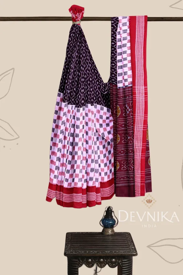 Dark_Coffee_Cotton_Half_Half_Bandha_Handloom_Saree_For_Women