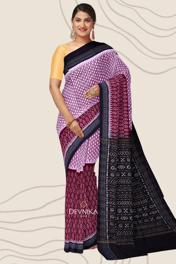Maroon_Cotton_Handloom_Half_Half_Bandha_Saree_For_Women