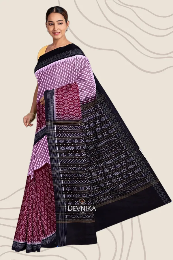 Maroon_Cotton_Handloom_Half_Half_Bandha_Saree_For_Women