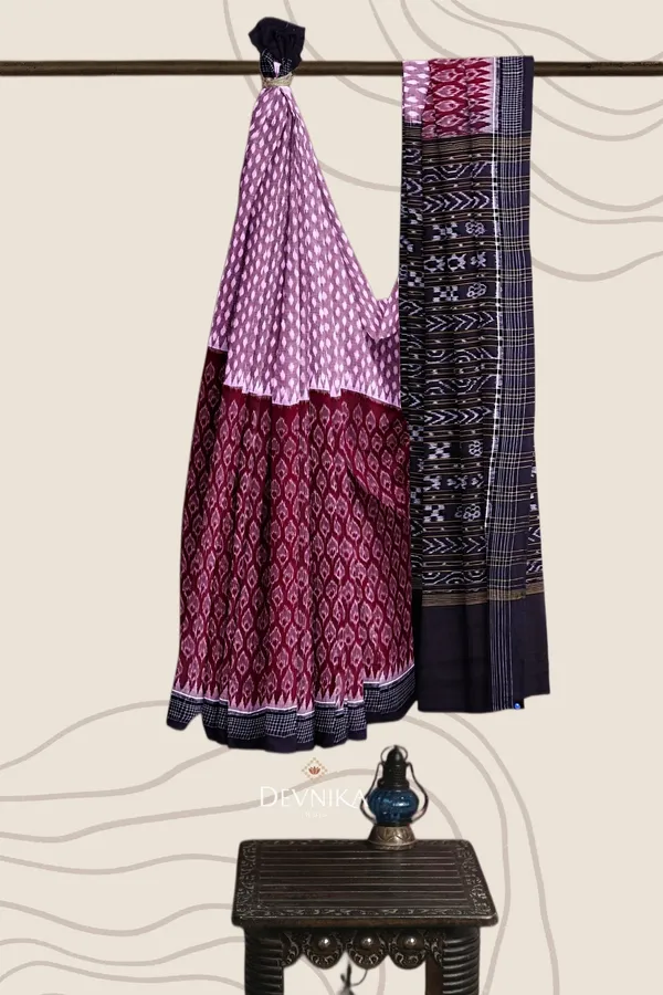 Maroon_Cotton_Handloom_Half_Half_Bandha_Saree_For_Women