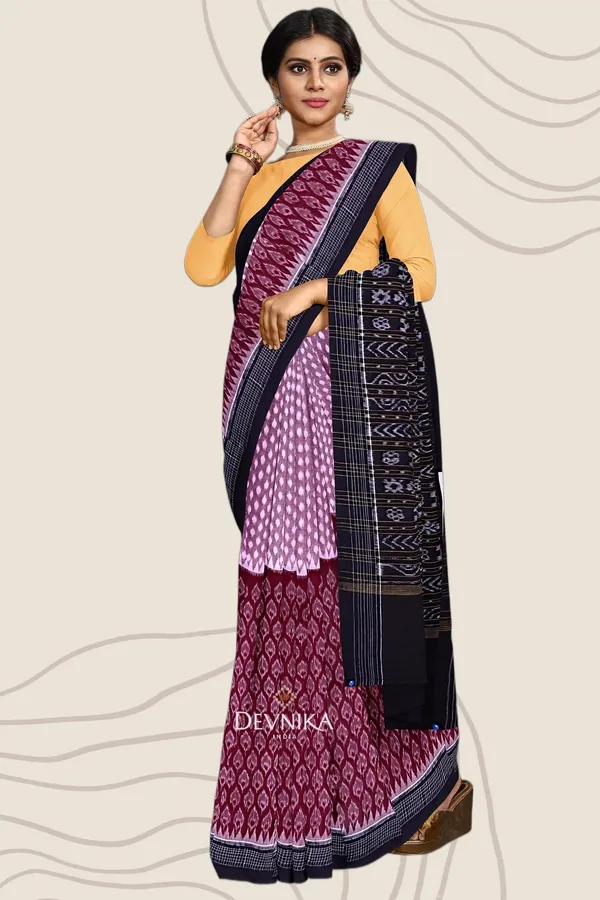 Maroon_Cotton_Handloom_Half_Half_Bandha_Saree_For_Women