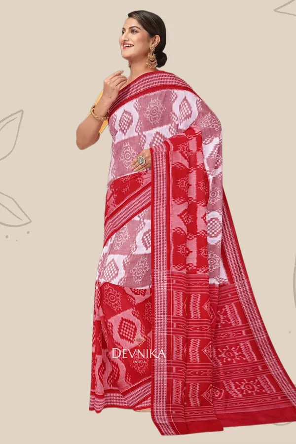 White_Red_Cotton_Body_Bandha_Handloom_Saree_For_Women