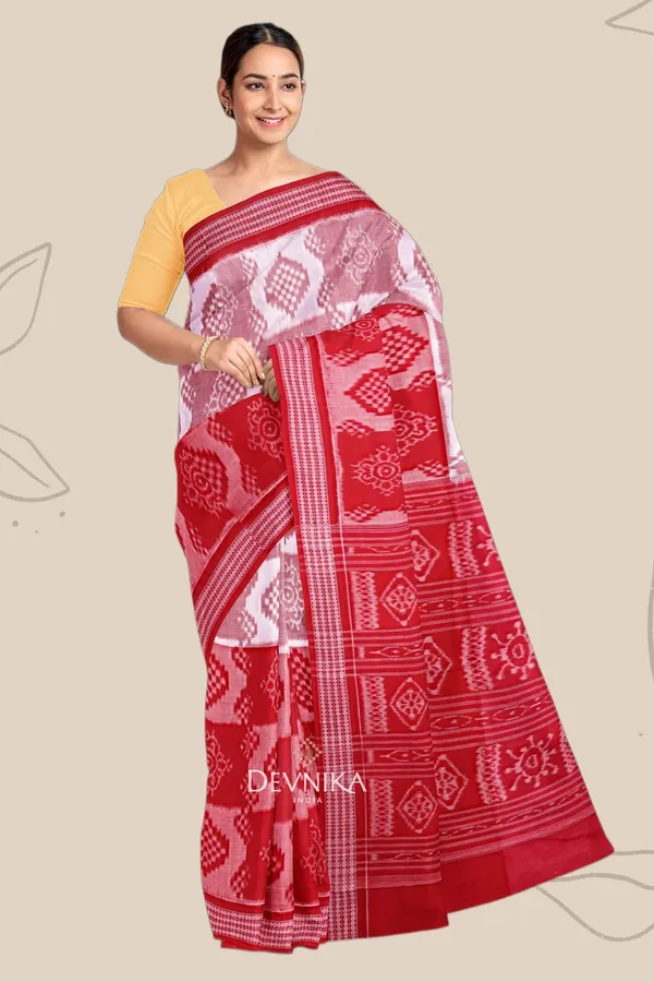 White_Red_Cotton_Body_Bandha_Handloom_Saree_For_Women