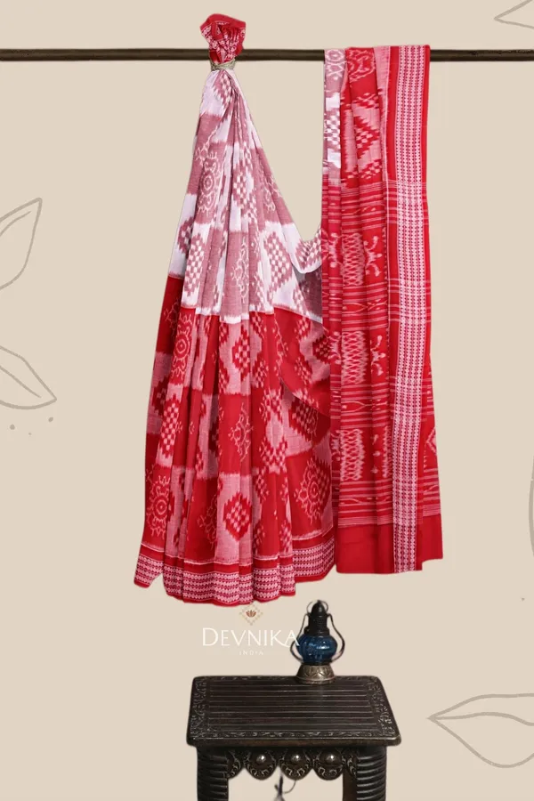 White_Red_Cotton_Body_Bandha_Handloom_Saree_For_Women