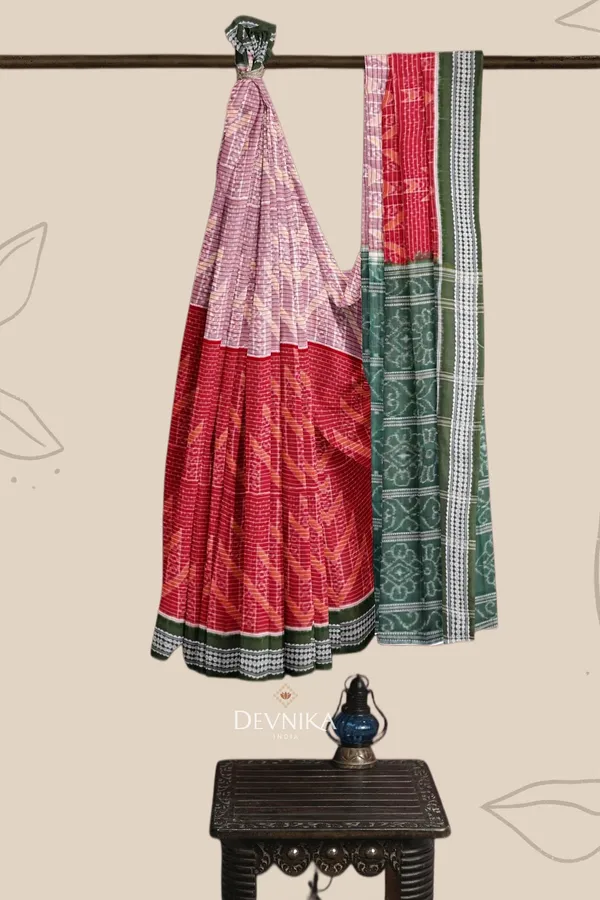 Red_White_Olive_Cotton_Handloom_Body_Bandha_Saree_For_Women