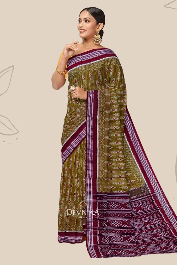 Light_Olive_Cotton_Body_Bandha_Handloom_Saree_For_Women