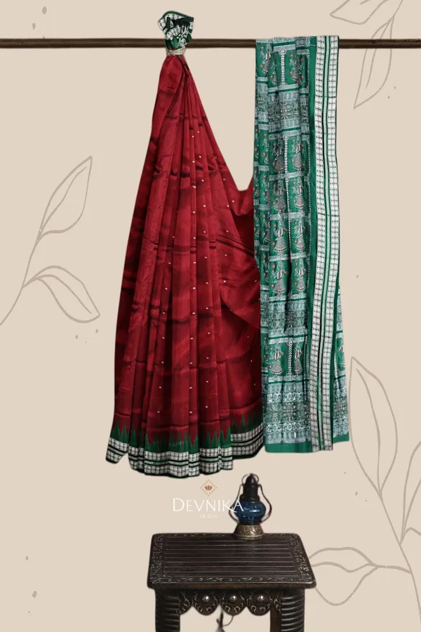 Dark_Maroon_Forest_Green_Silk_Bomkai_Butti_Saree_For_Women