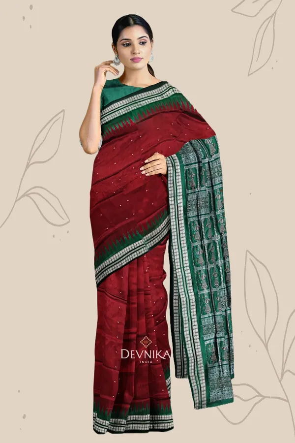 Dark_Maroon_Forest_Green_Silk_Bomkai_Butti_Saree_For_Women