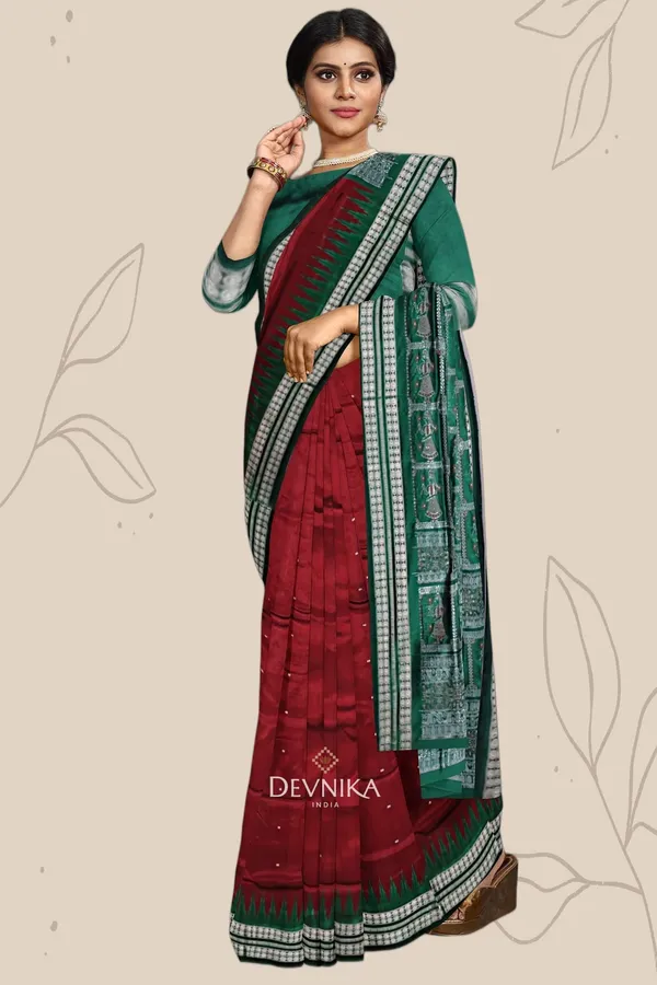 Dark_Maroon_Forest_Green_Silk_Bomkai_Butti_Saree_For_Women