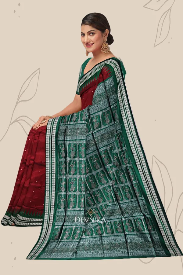 Dark_Maroon_Forest_Green_Silk_Bomkai_Butti_Saree_For_Women