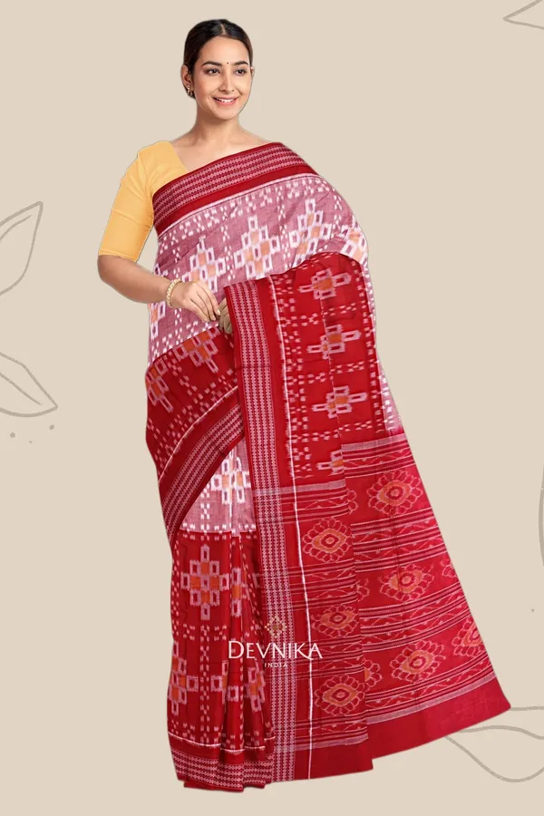 Red_Yellow_Cotton_Paper_Bandha_Handloom_Saree_For_Women