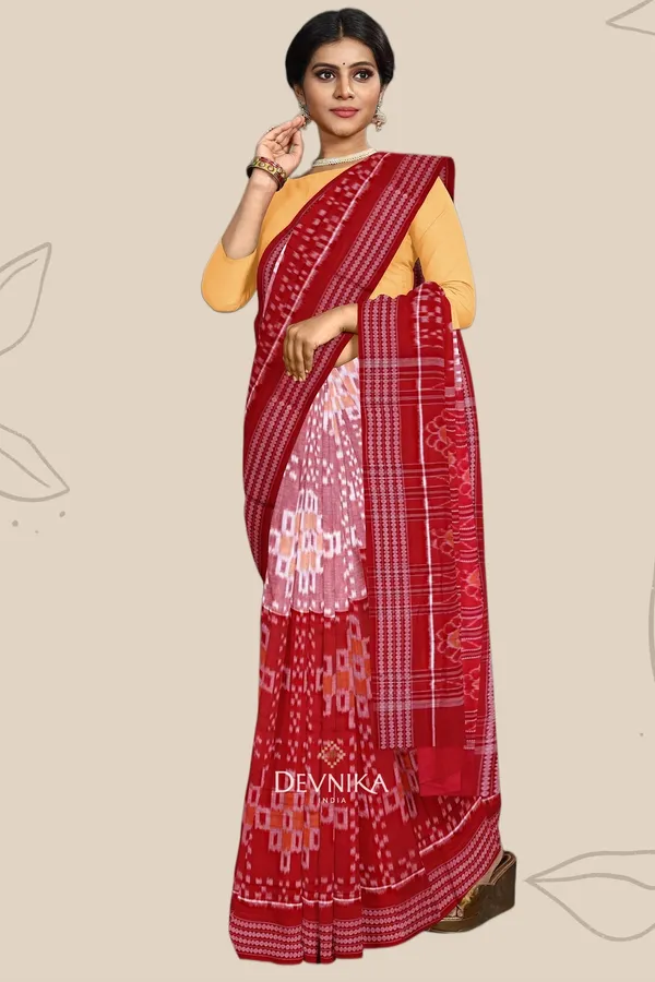 Red_Yellow_Cotton_Paper_Bandha_Handloom_Saree_For_Women