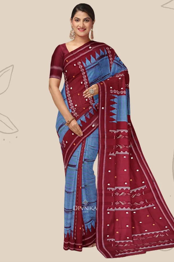 Soft_Teal_Handloom_Pata_Bapta_Saree_For_Women