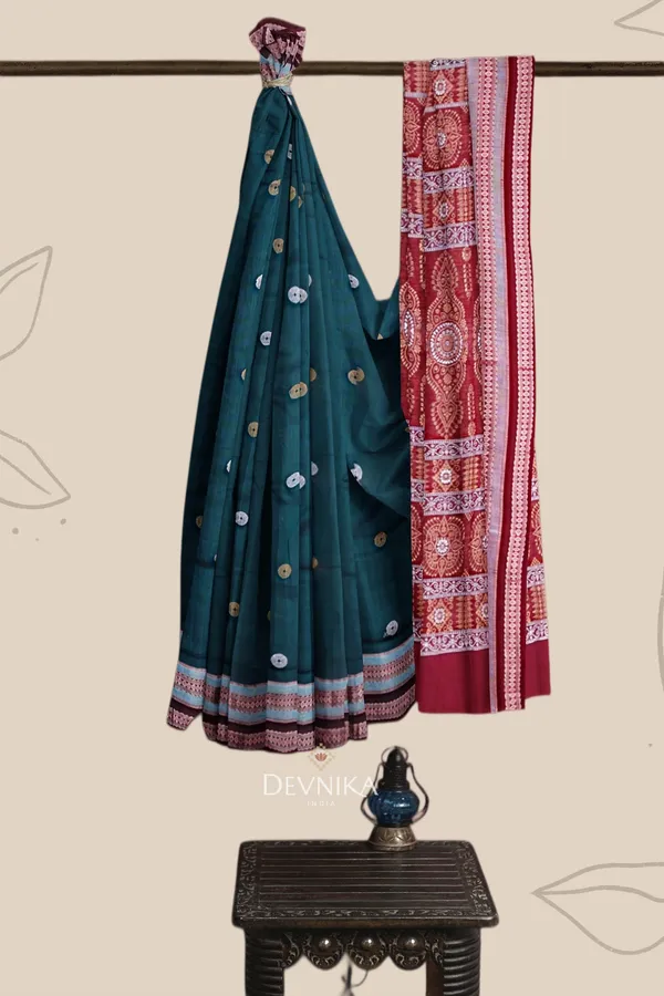 Deep_Green_Cotton_Bomkai_Handloom_Saree_For_Women