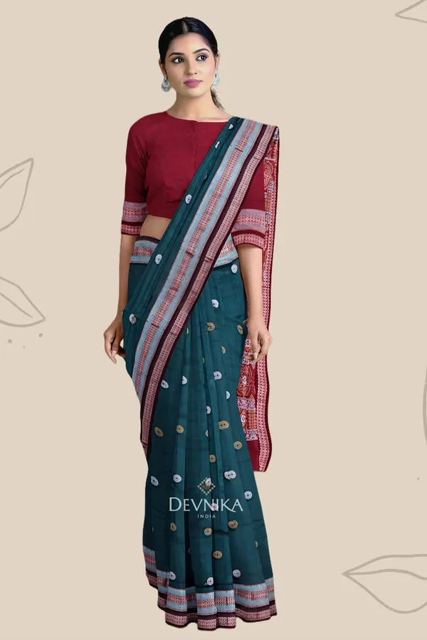 Deep_Green_Cotton_Bomkai_Handloom_Saree_For_Women