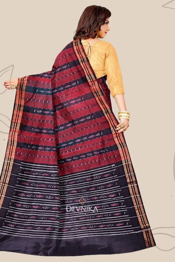 Maroon_Black_Cotton_Line_Bandha_Handloom_Saree_For_Women