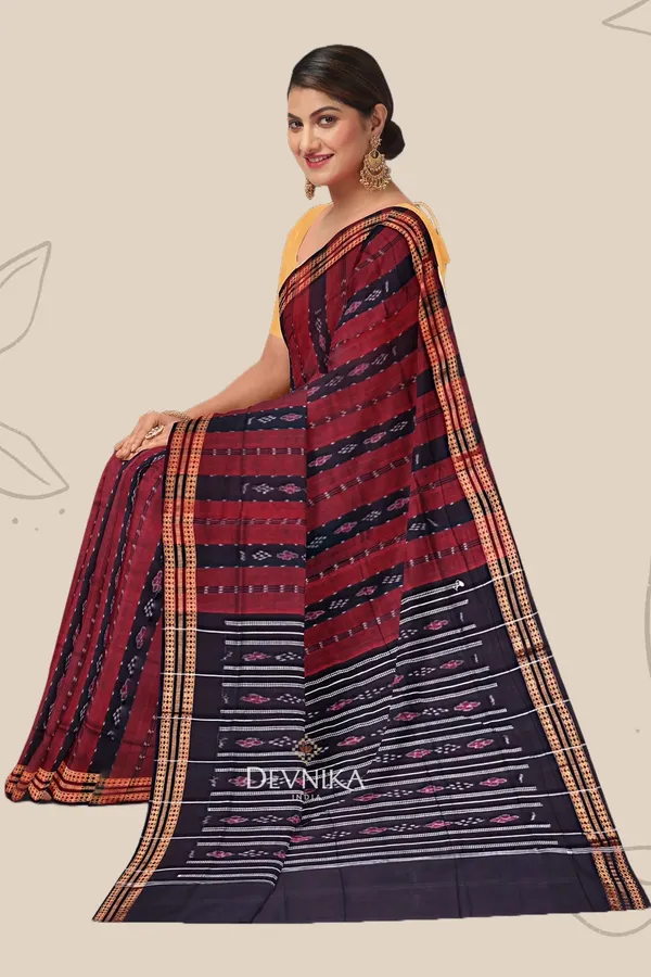Maroon_Black_Cotton_Line_Bandha_Handloom_Saree_For_Women