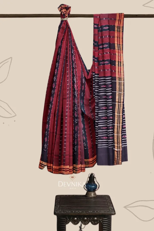 Maroon_Black_Cotton_Line_Bandha_Handloom_Saree_For_Women