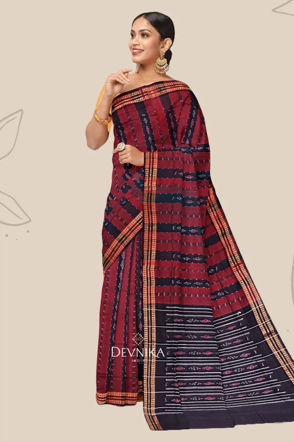 Maroon_Black_Cotton_Line_Bandha_Handloom_Saree_For_Women