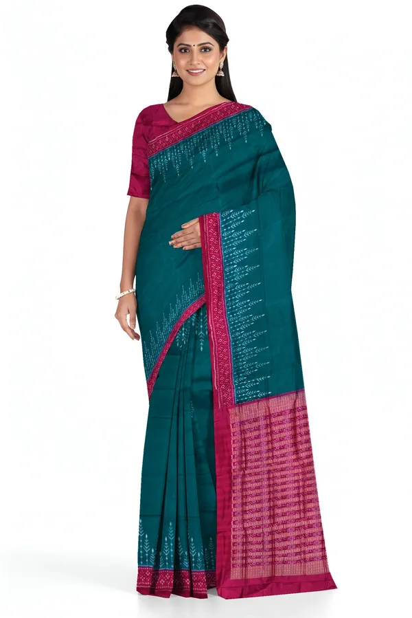 Teal_Green_Silk_Handloom_Bandha_Sambalpuri_Saree_For_Women