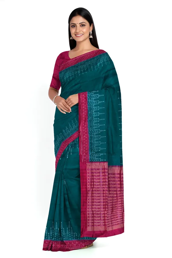Teal_Green_Silk_Handloom_Bandha_Sambalpuri_Saree_For_Women