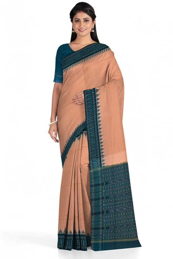 Dark_Chandan_Cotton_Handloom_Big_Border_Bandha_Saree_For_Women