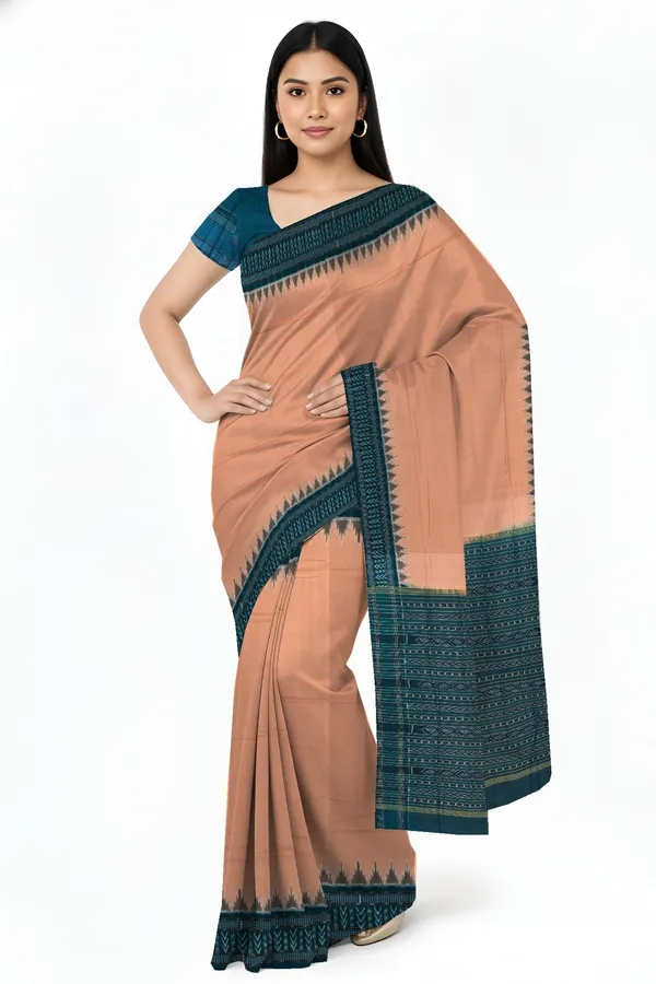Dark_Chandan_Cotton_Handloom_Big_Border_Bandha_Saree_For_Women