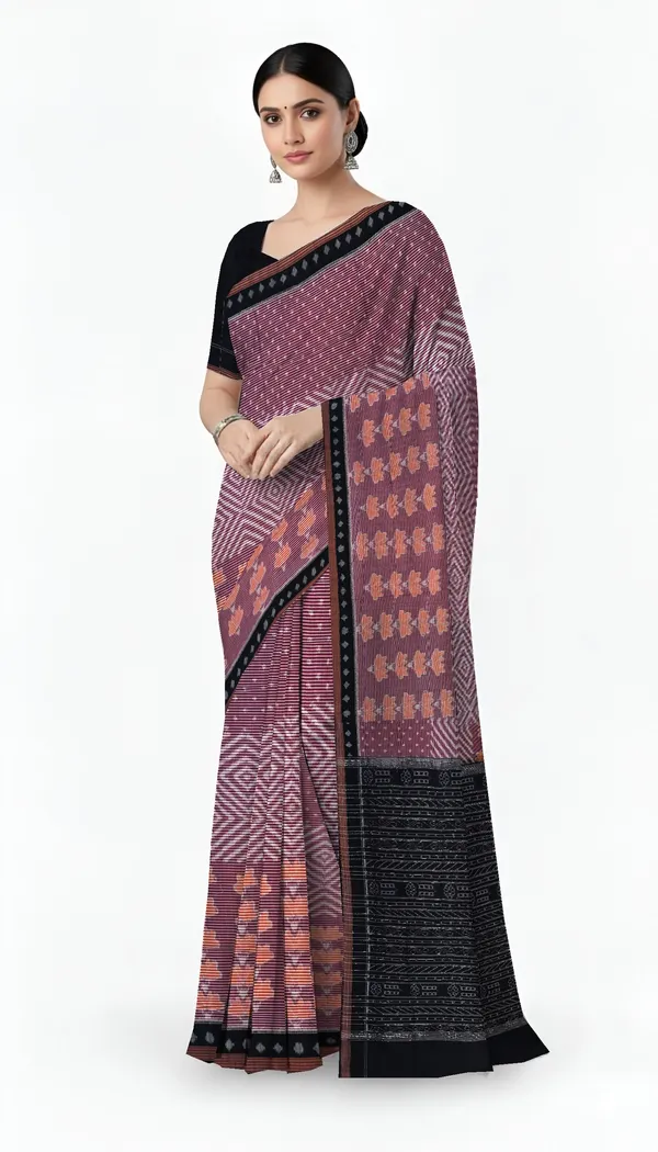 Deep_Maroon_Cotton_Body_Bandha_Gi_Tagged_Odisha_Handloom_Saree_For_Women