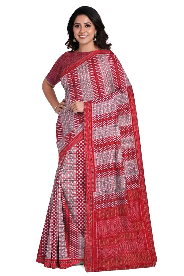Red_And_White_Cotton_Handloom_Pasapalli_Bandha_Saree_For_Women