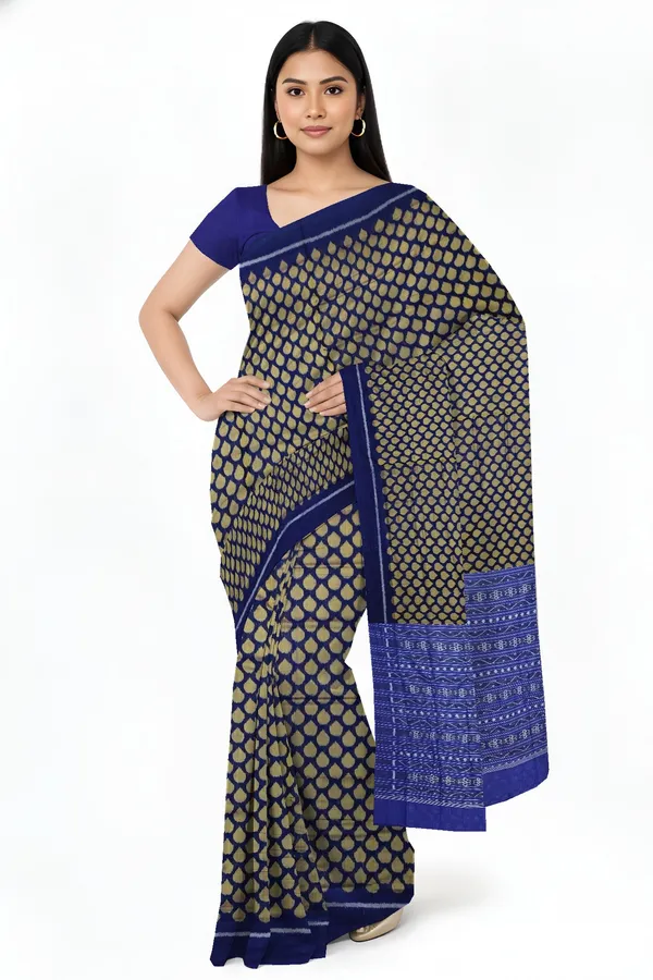 Blue_Golden_Cotton_Tikili_Bandha_Saree_For_Women