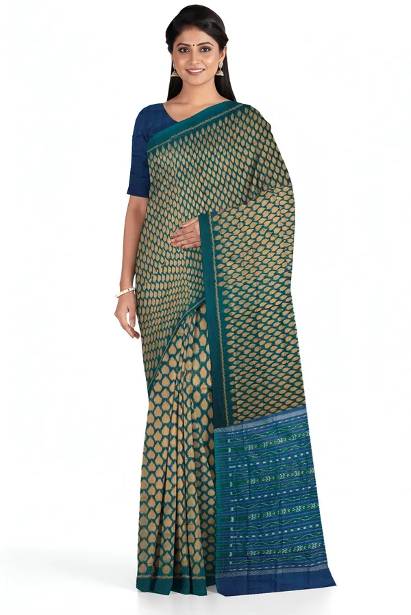 Green_And_Golden_Cotton_Tikili_Bandha_Saree_For_Women