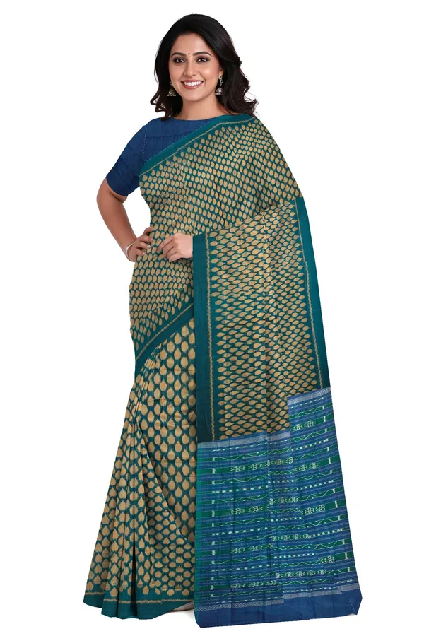 Green_And_Golden_Cotton_Tikili_Bandha_Saree_For_Women