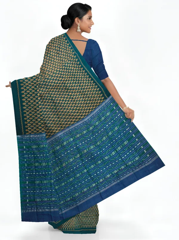Green_And_Golden_Cotton_Tikili_Bandha_Saree_For_Women