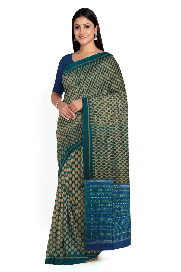Green_And_Golden_Cotton_Tikili_Bandha_Saree_For_Women