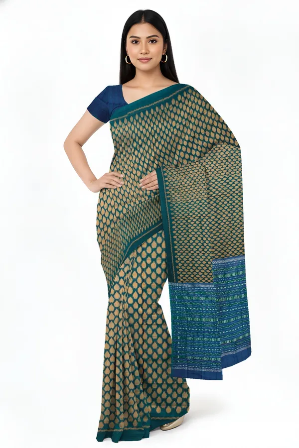Green_And_Golden_Cotton_Tikili_Bandha_Saree_For_Women