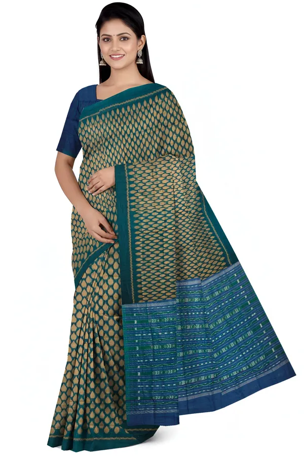Green_And_Golden_Cotton_Tikili_Bandha_Saree_For_Women