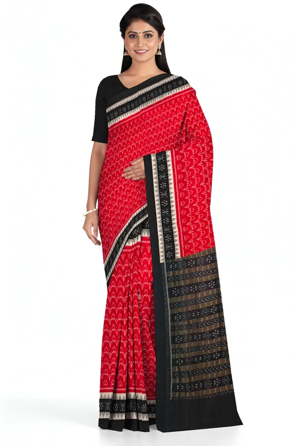 Red_Cotton_Handloom_Double_Temple_Border_Bandha_Saree_For_Women