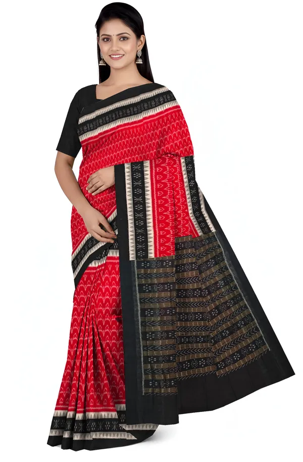 Red_Cotton_Handloom_Double_Temple_Border_Bandha_Saree_For_Women