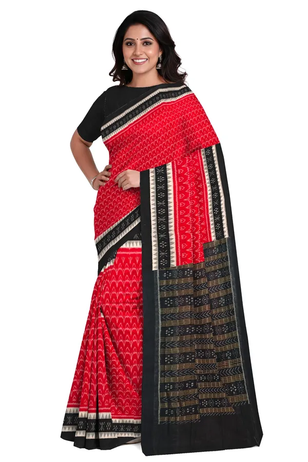 Red_Cotton_Handloom_Double_Temple_Border_Bandha_Saree_For_Women