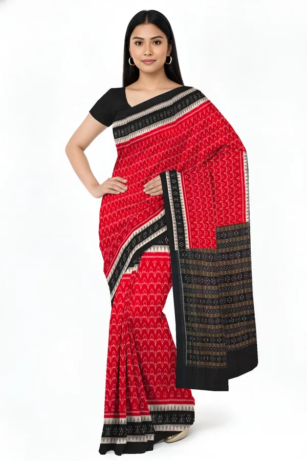 Red_Cotton_Handloom_Double_Temple_Border_Bandha_Saree_For_Women