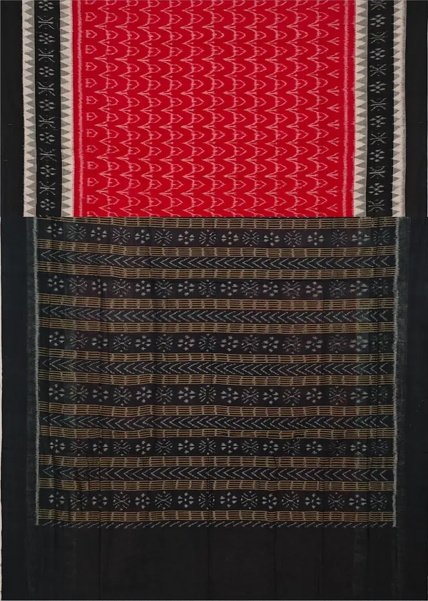 Red_Cotton_Handloom_Double_Temple_Border_Bandha_Saree_For_Women